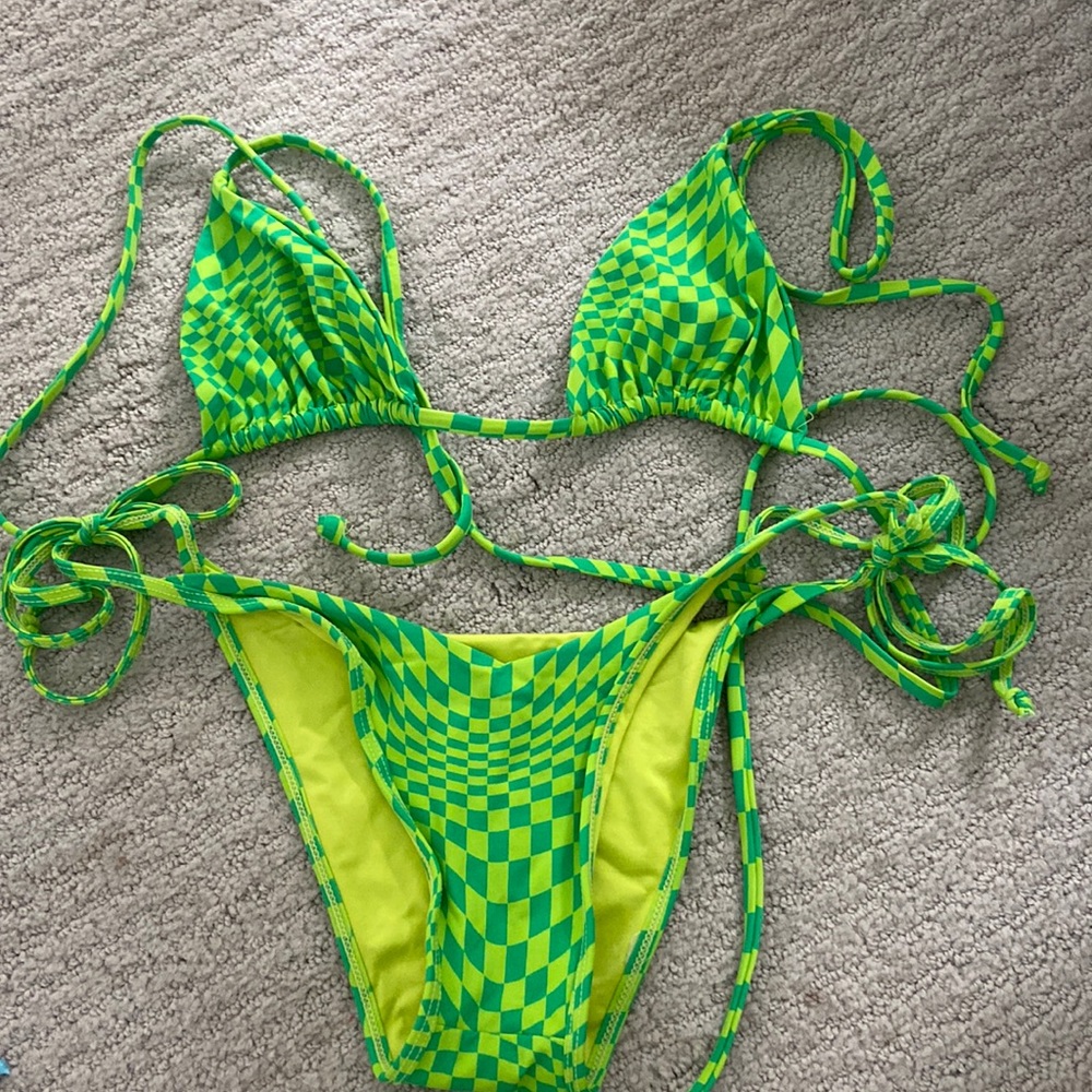 Frankie’s Bikinis Green Checkered Bikini Top & Bottom